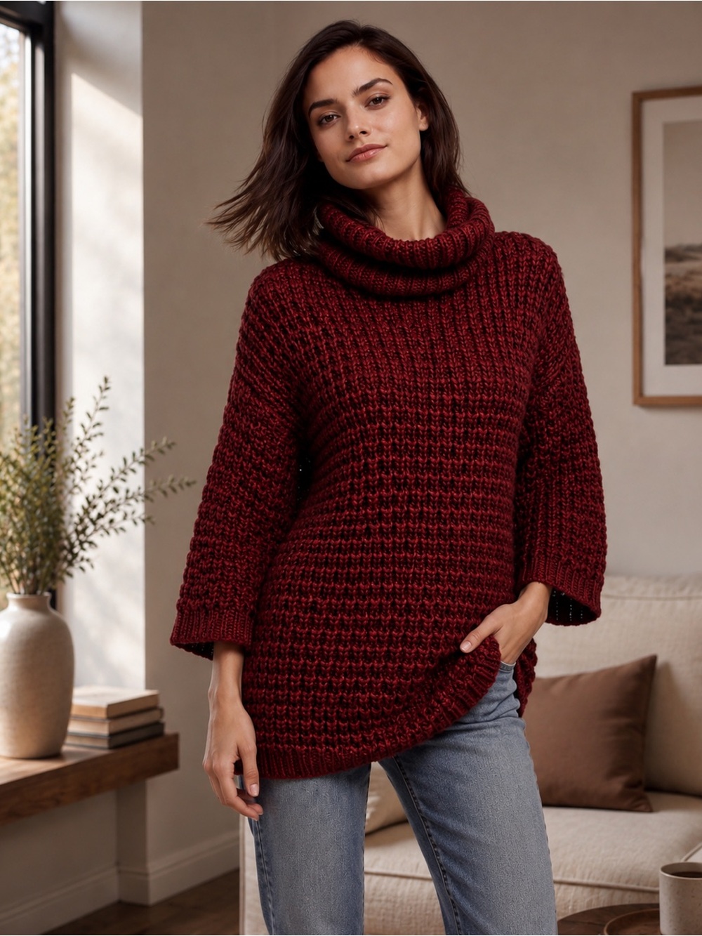 ANTHROPOLOGIE Plenty by Tracy Alpaca Wool Waffled Turtleneck Sweater Chunky Cozy